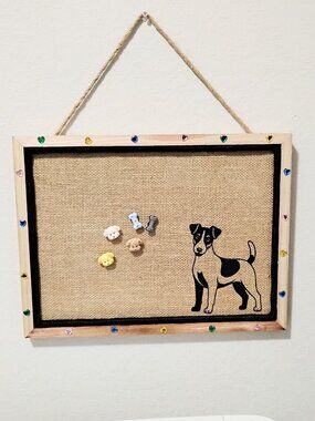 CUTE Jack Russell Dog Heart Framed 12x15 Burlap Cork Board Decor Gift FREE Pins